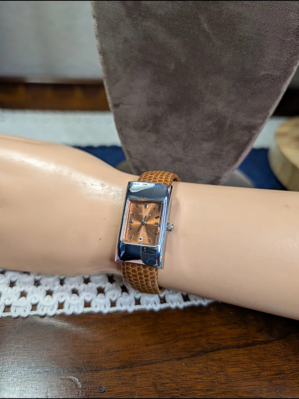 Geneva Silver-Tone Watch Orange Dial and Brown Leather Hinged Cuff Strap